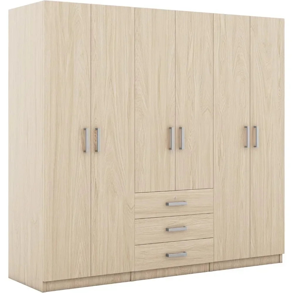 Large Wardrobe Closet 6 Doors, Wooden Wardrobe Cabinet with Big Drawers