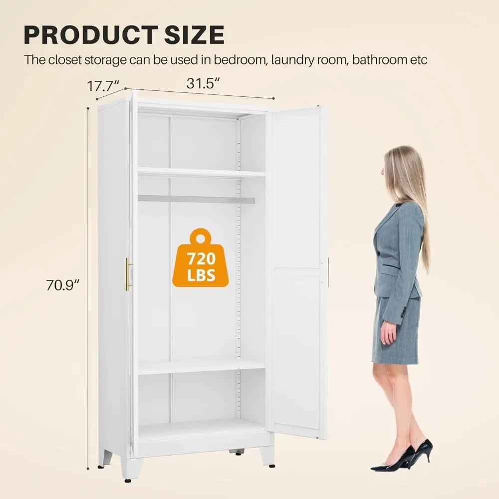 Wardrobe Closet with 2 Doors, 71" Tall Metal Clothing Storage Cabinet with Hanging Rod