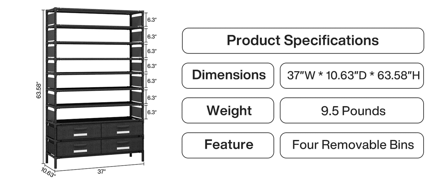Bookshelf with 4 Bins Drawers for Closet Entryway, Vertical Shoe Racks