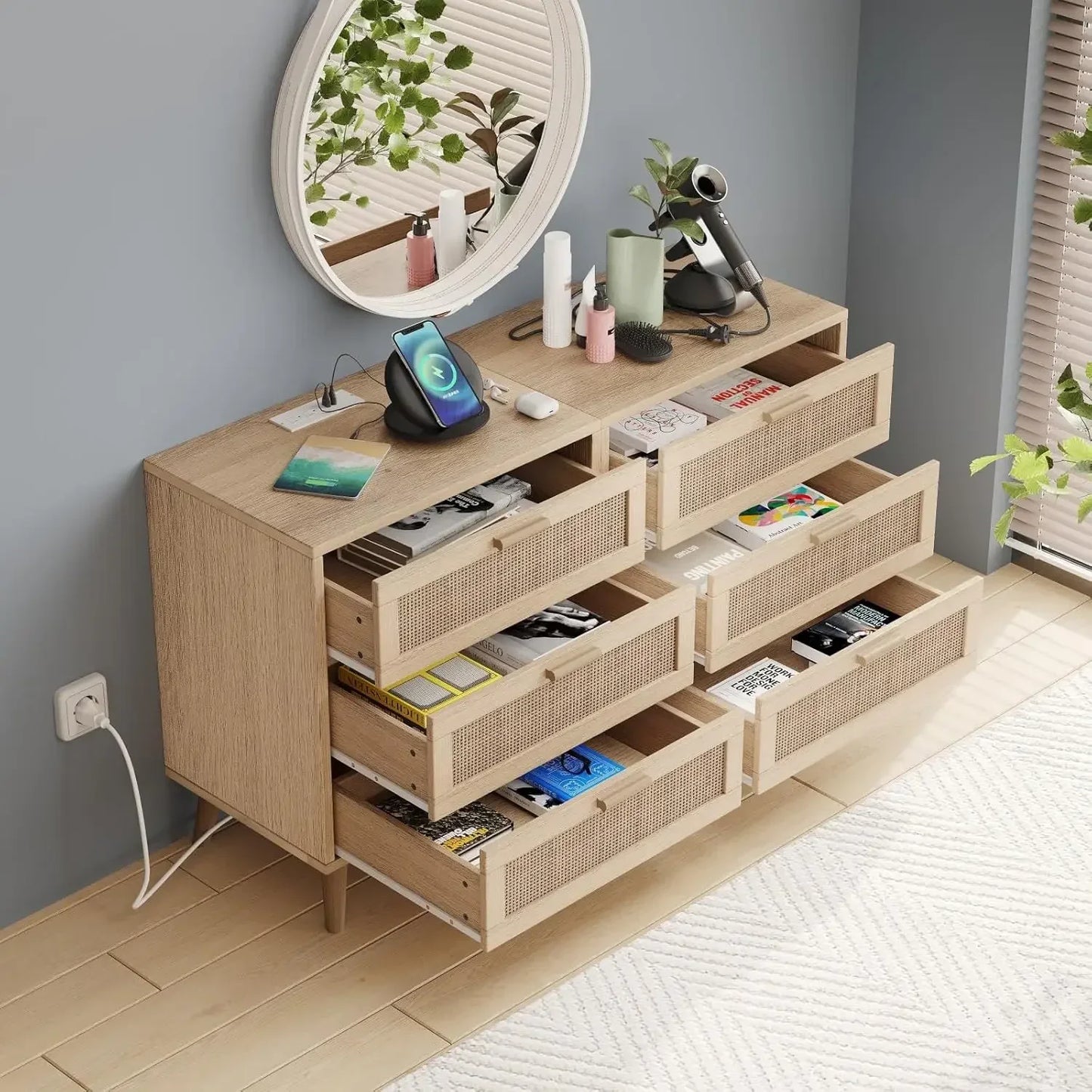 Set of 2 Rattan Nightstand with Charging Station