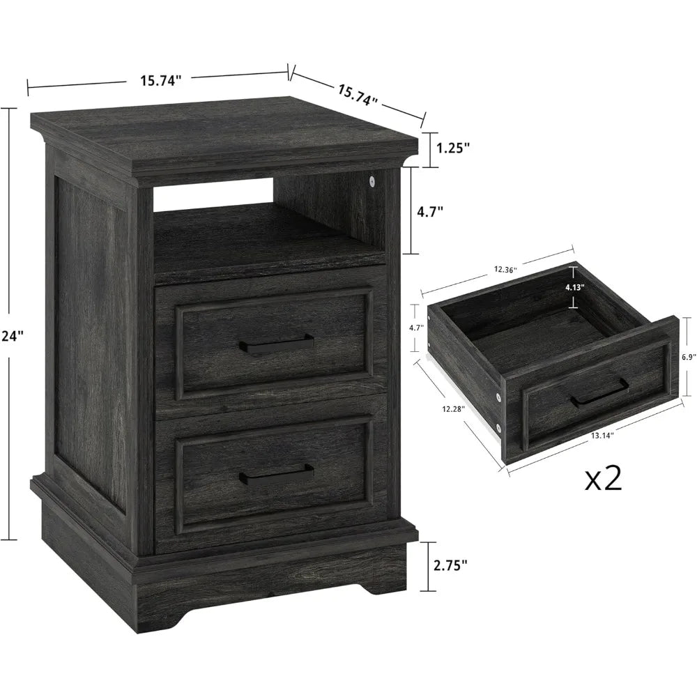 Farmhouse bedside table with storage drawers and open shelves