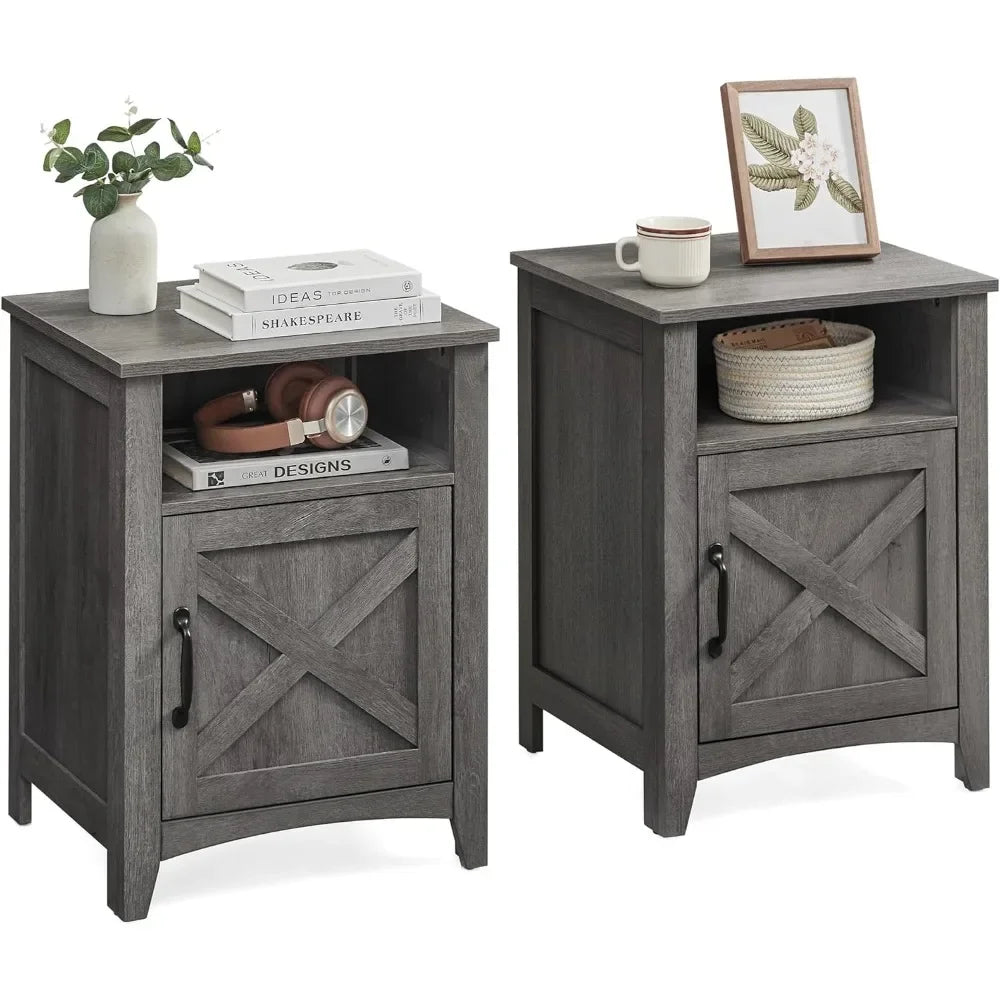 Set of 2, Farmhouse Nightstand with Barn Door