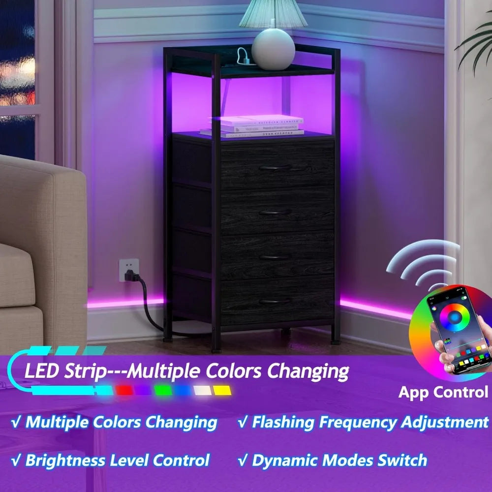 Night Stand with Charging Station, with Drawers and Led Light