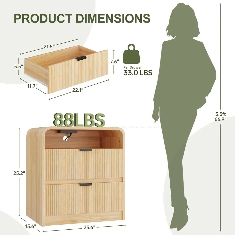 24" Fluted Nightstand with Charging Station, Wooden End Table