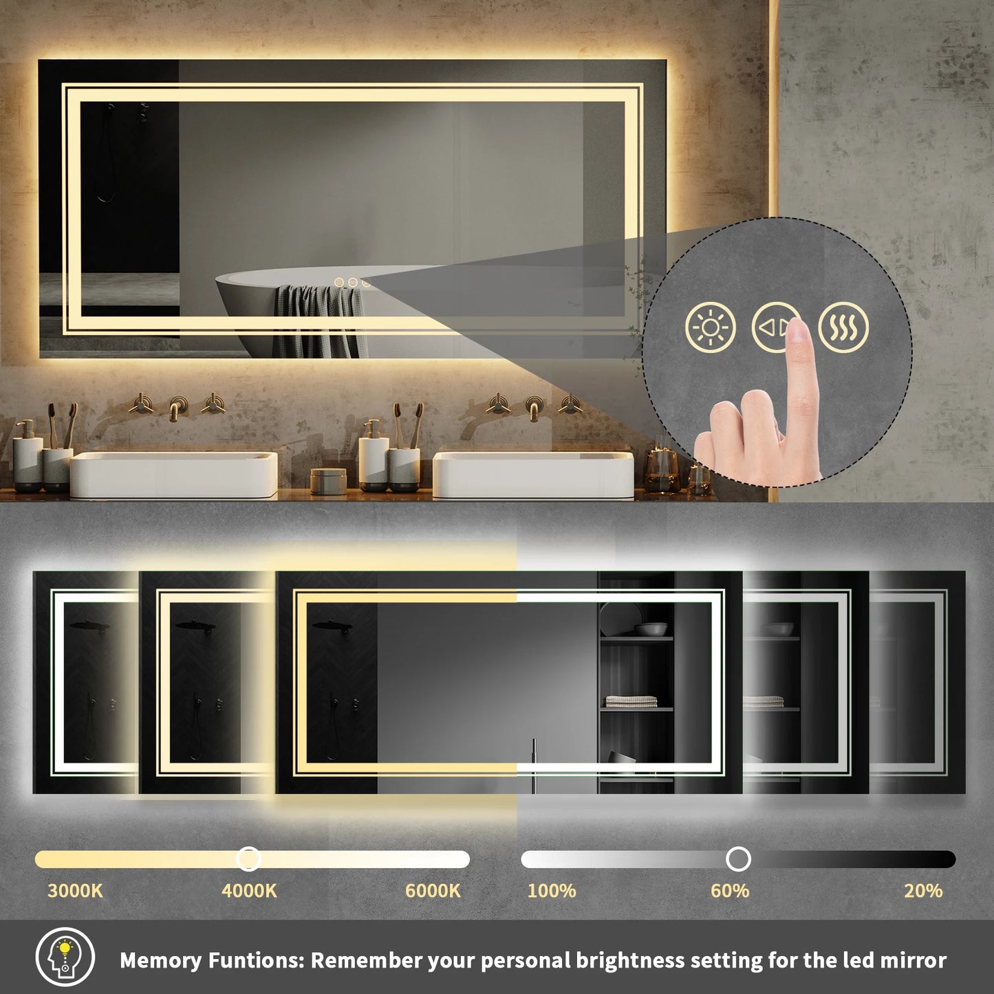 48"X24" LED Bathroom Mirror with Lights, Anti-Fog, Dimmable