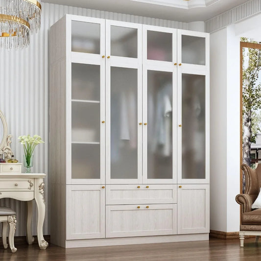 Large Wardrobe Closet with 4 Glass Doors and 2 Drawers