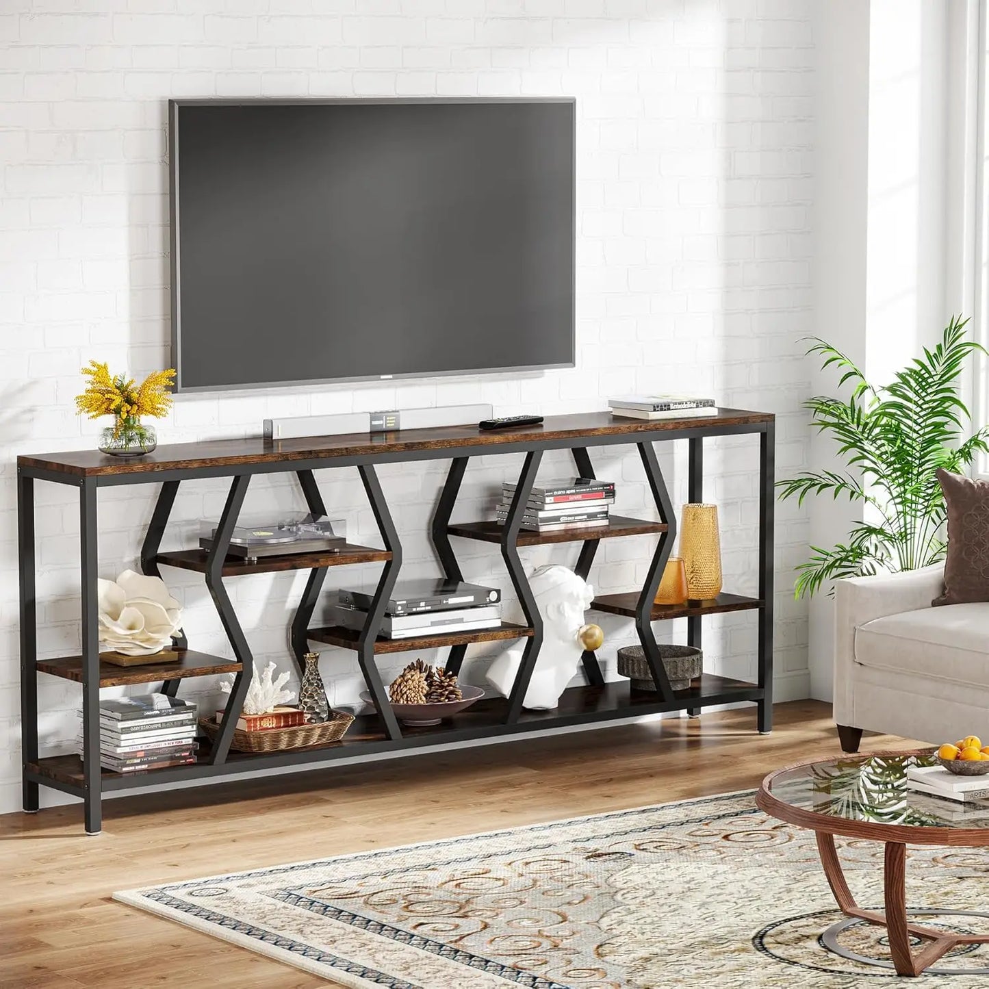 Sofa Console Table with 4 Tier Wood Storage Shelves