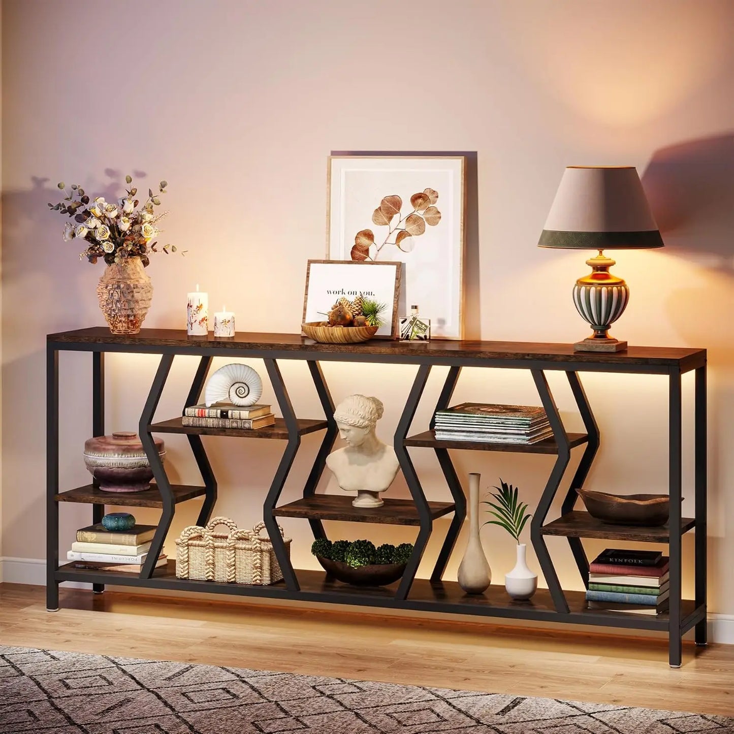 Sofa Console Table with 4 Tier Wood Storage Shelves