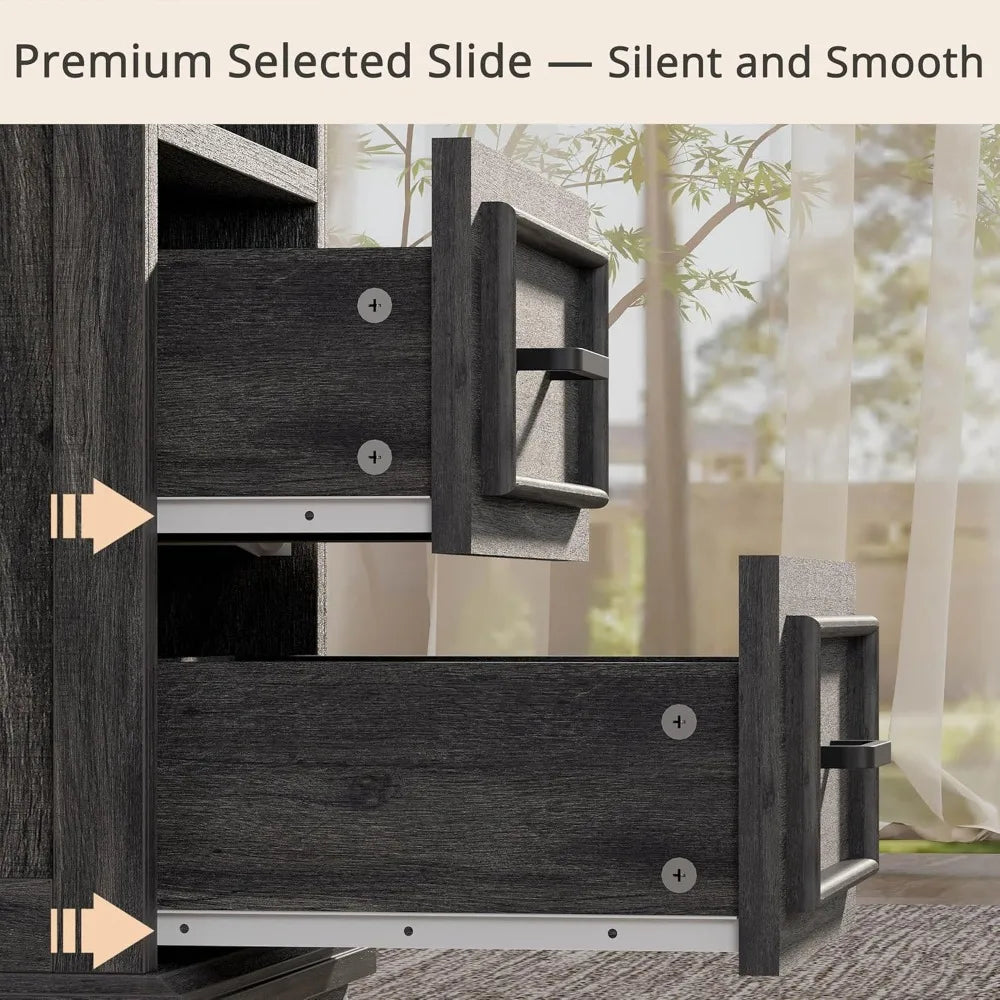 Farmhouse bedside table with storage drawers and open shelves