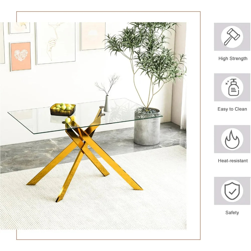 51.18" Rectangular Glass Dining Table, Tempered Glass with Metal Legs