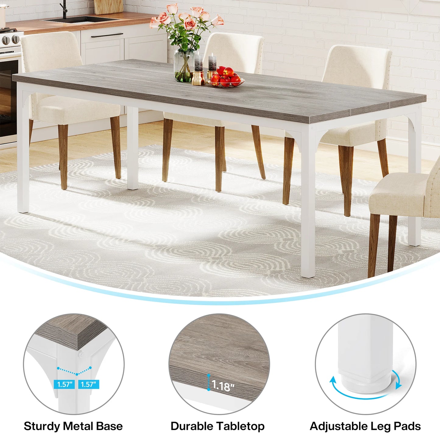 Farmhouse Dining Table for 6-8, 70.9 Inch Rectangular