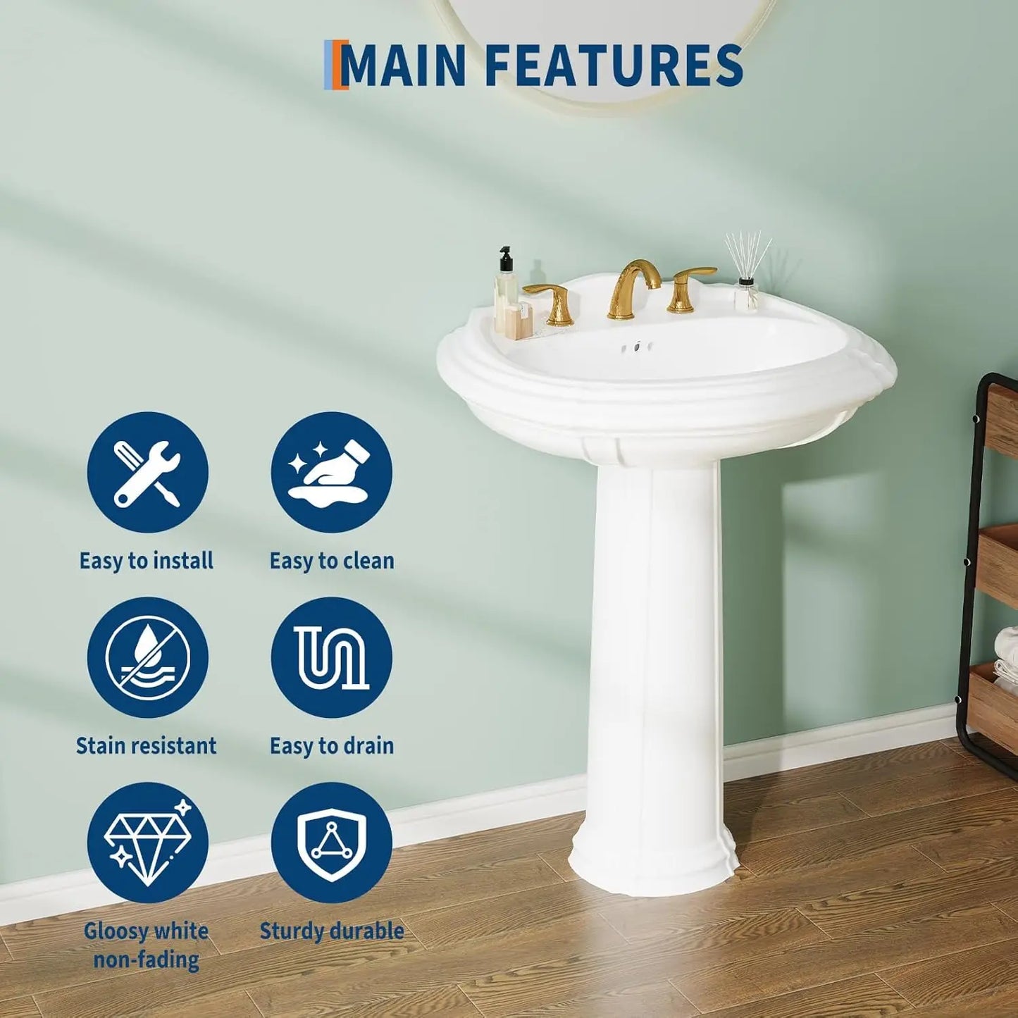 20x26in White Ceramic Pedestal Sink Freestanding Bathroom Sink with Overflow