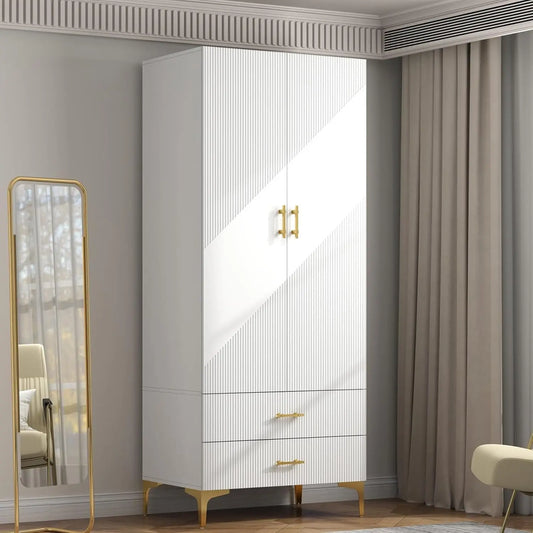 76.77" White Twill Wood Armoire w/2 Doors, 2 Drawers & Hanging Rods