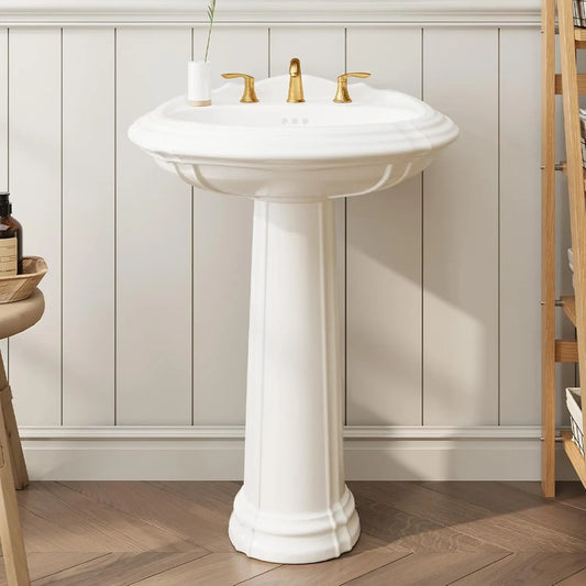 20x26in White Ceramic Pedestal Sink Freestanding Bathroom Sink with Overflow