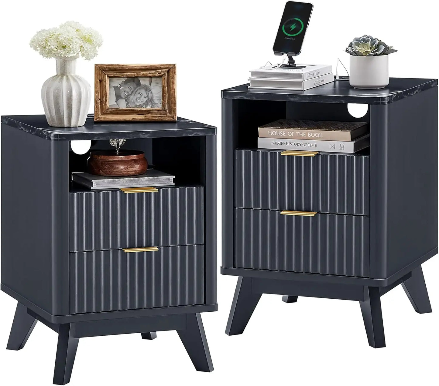 Fluted Nightstand Set of 2 with Charging Station, 18" Modern Side Table
