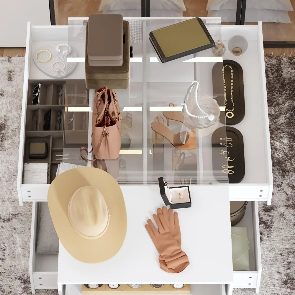 Armoire Bedroom Island Wardrobe Closet with 8 Drawers & Glass Tabletop