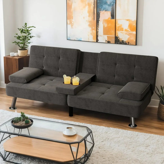 Modern Linen Upholstered Convertible Folding Futon Sofa Bed with Removable Armrests