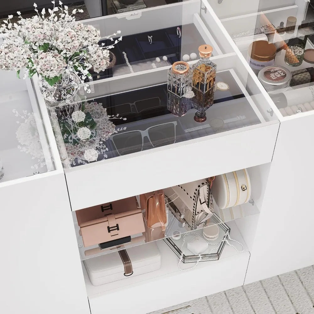 Closet Island with Drawers, Wardrobe Armoire Bedroom Island, Glass Display Shelf