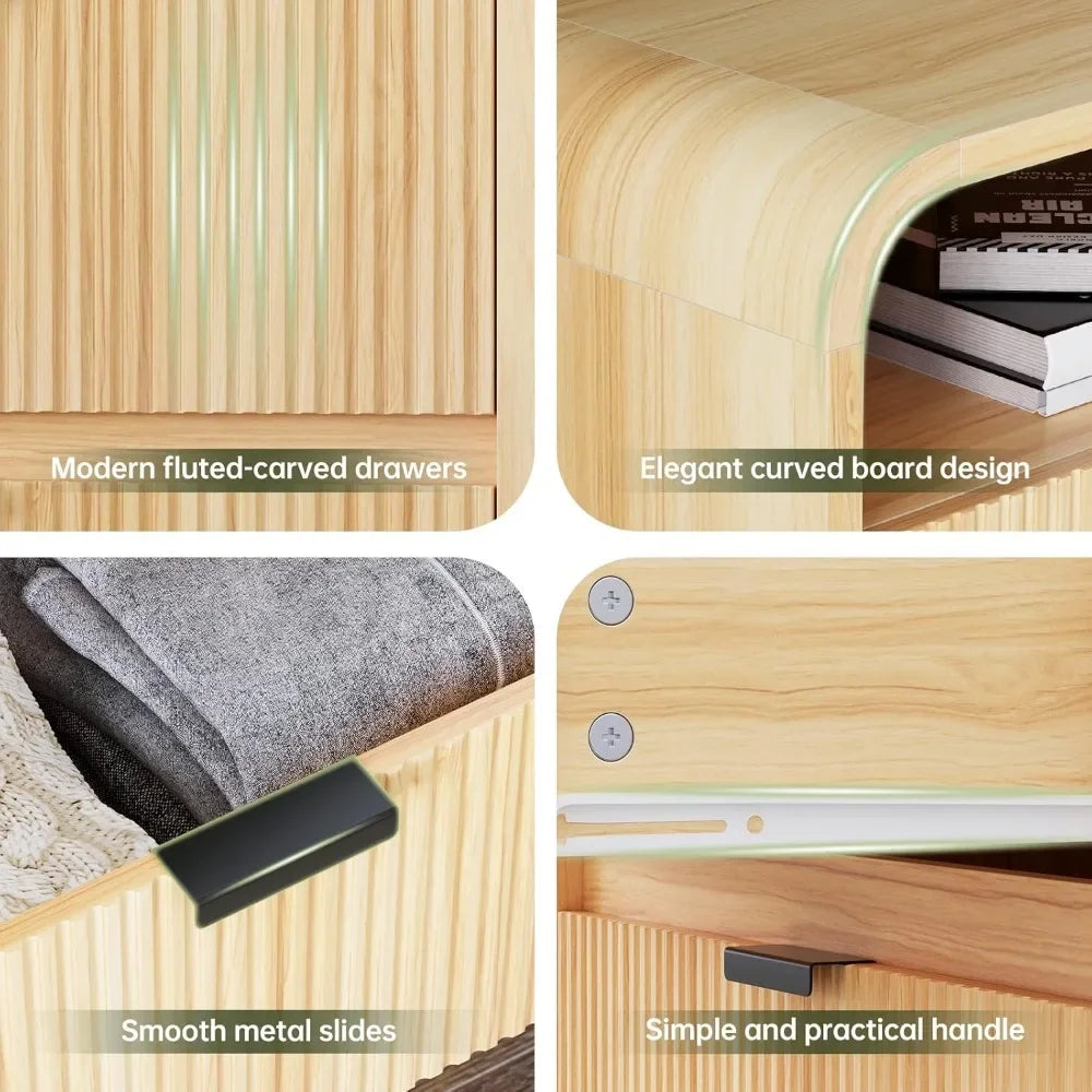 24" Fluted Nightstand with Charging Station, Wooden End Table