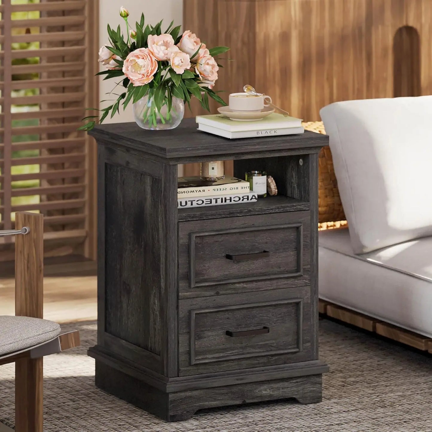 Farmhouse bedside table with storage drawers and open shelves
