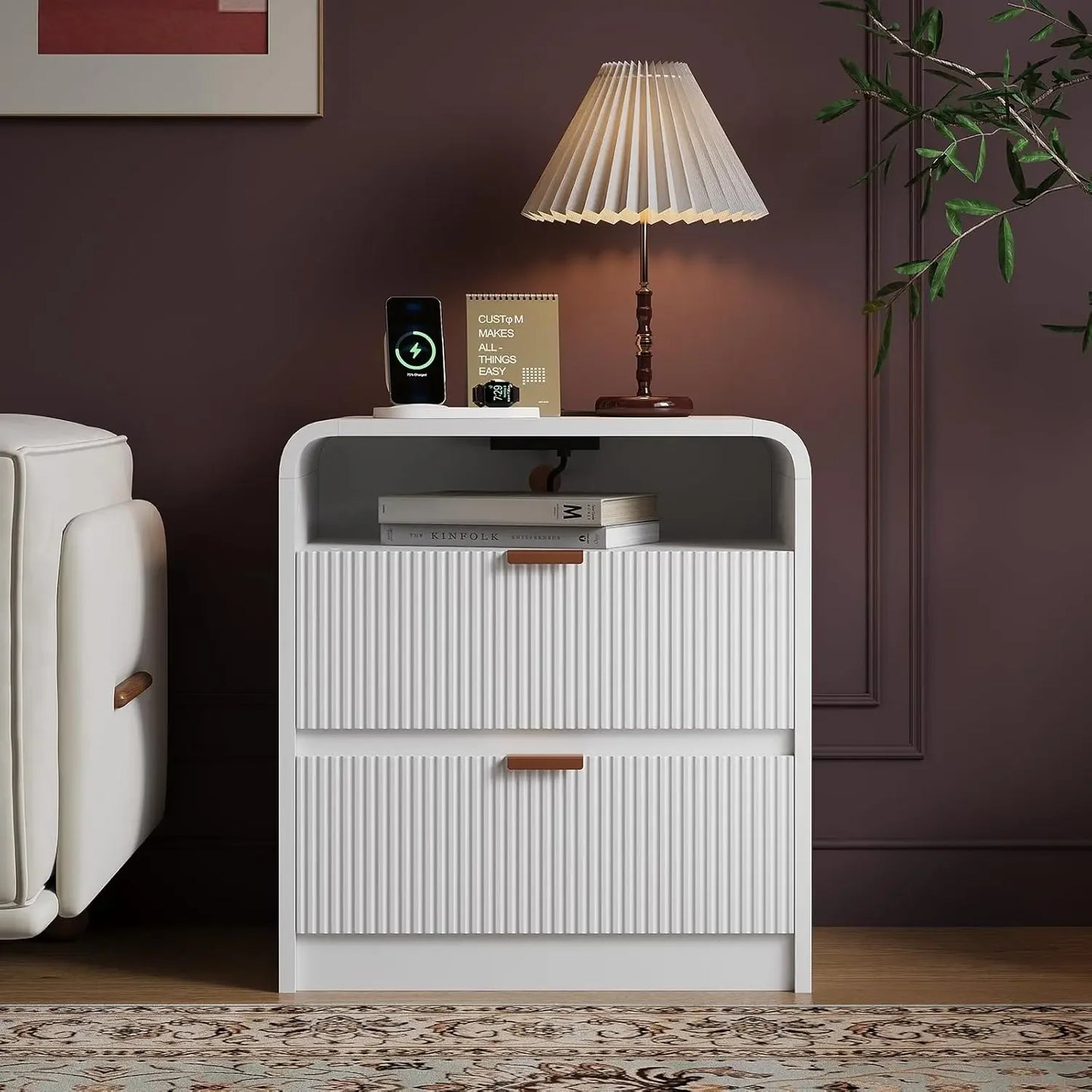 24" Fluted Nightstand with Charging Station, Wooden End Table