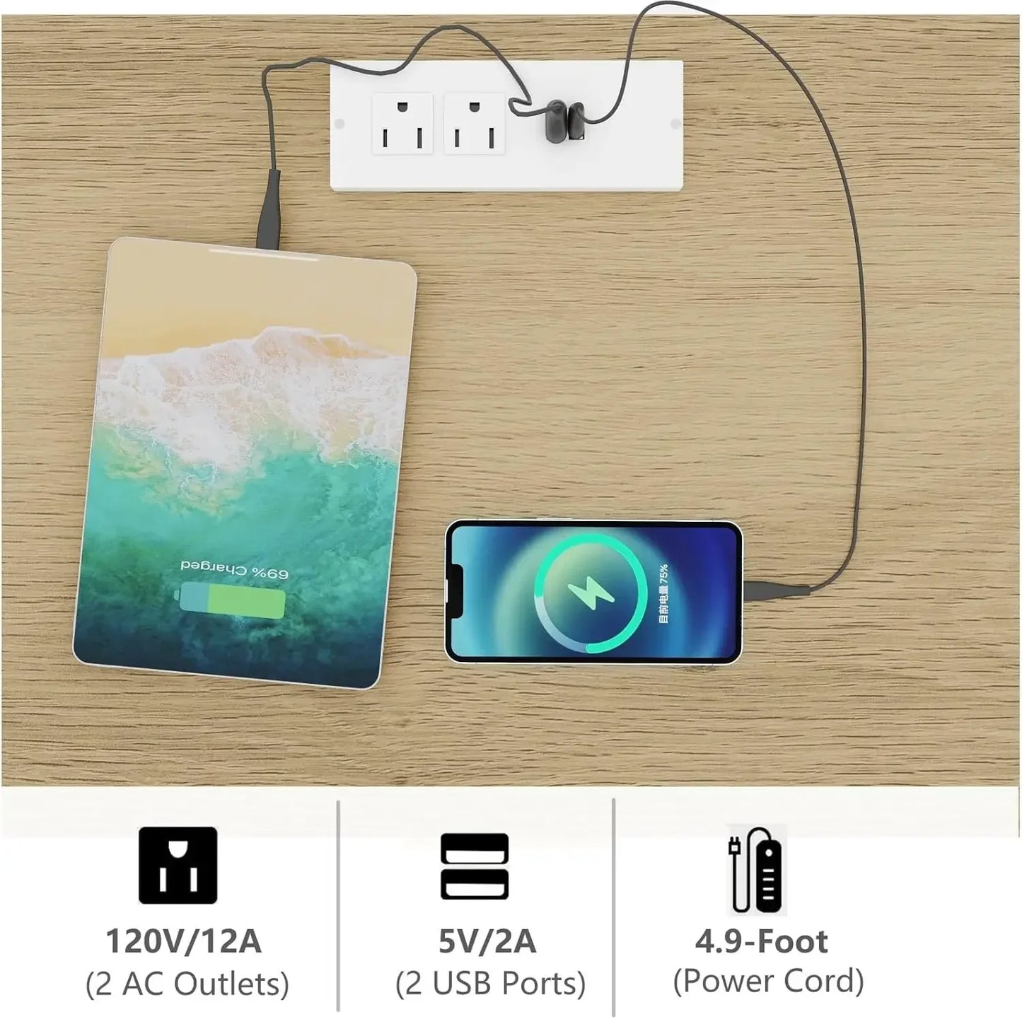 Set of 2 Rattan Nightstand with Charging Station