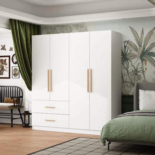 4 Door Wardrobe with Drawers and Shelves, Armoire Wardrobe Closet with Hanging Rod