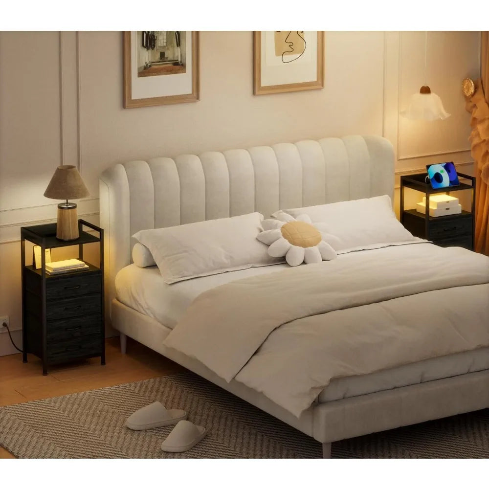 Night Stand with Charging Station, with Drawers and Led Light