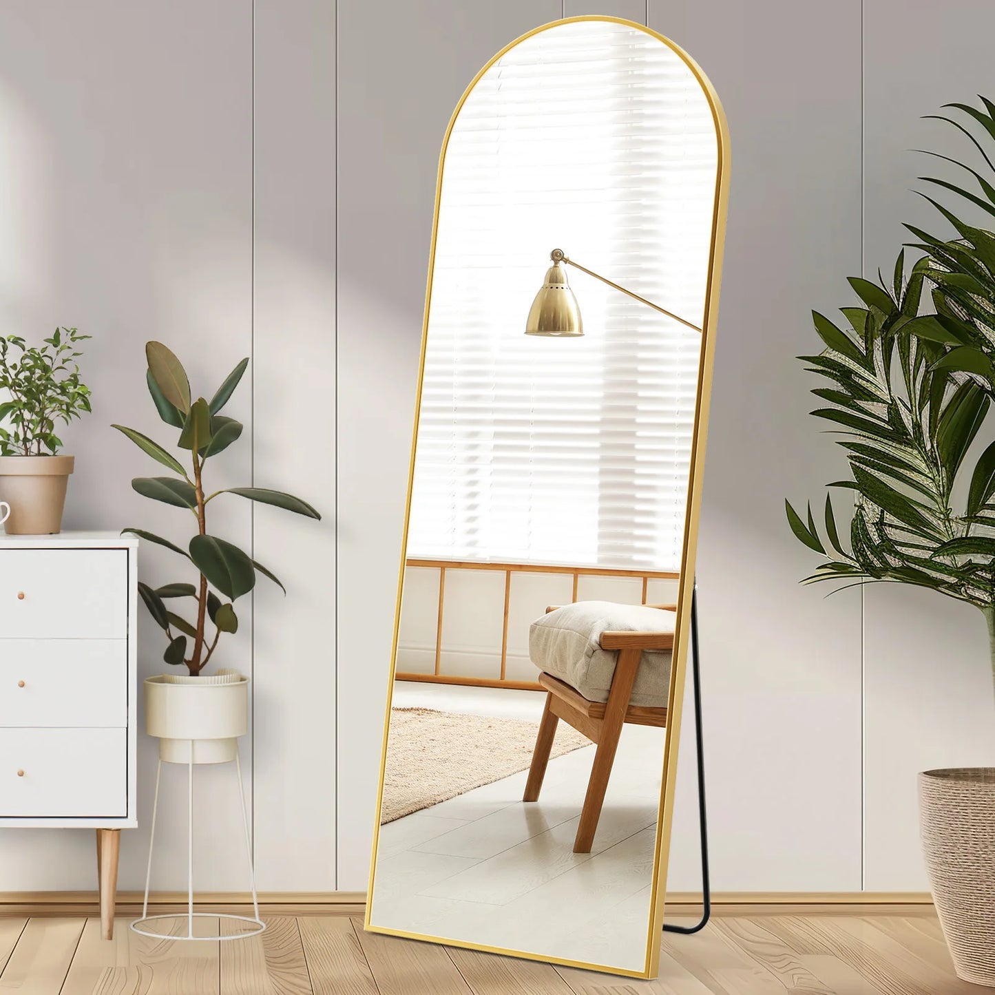 Full Length Arched Right Angle Mirror with Stand for Living Room