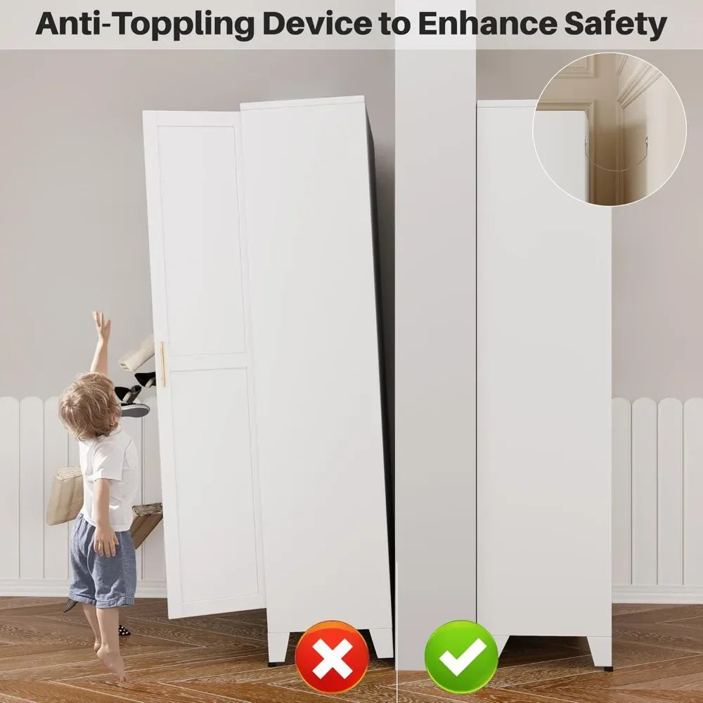 Wardrobe Closet with 2 Doors, 71" Tall Metal Clothing Storage Cabinet with Hanging Rod