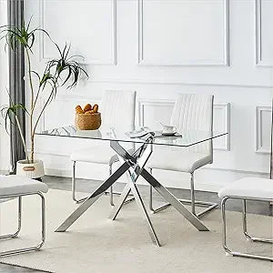 51.18" Rectangular Glass Dining Table, Tempered Glass with Metal Legs