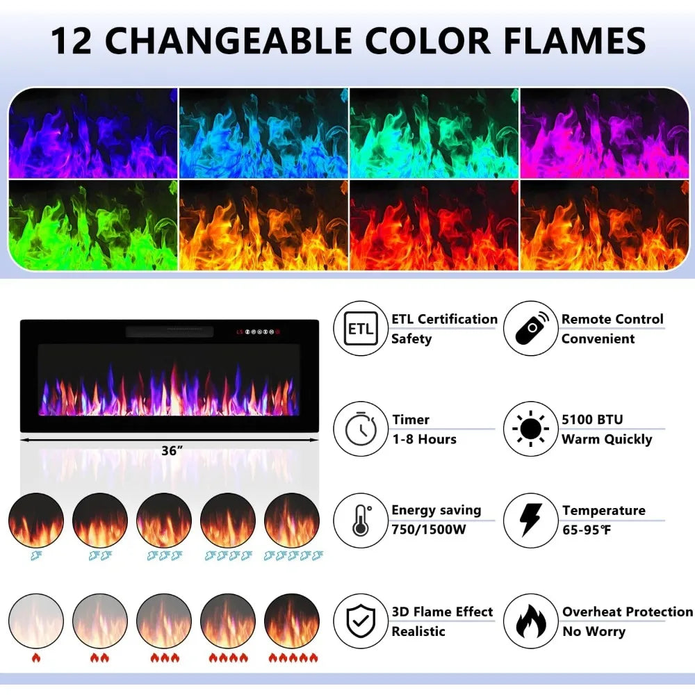 Fireplace TV Stand with 36" Fireplace, 70 Inch Black Fire Place TV Stand