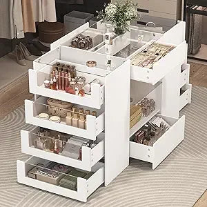 Closet Island with Drawers, Wardrobe Armoire Bedroom Island, Glass Display Shelf