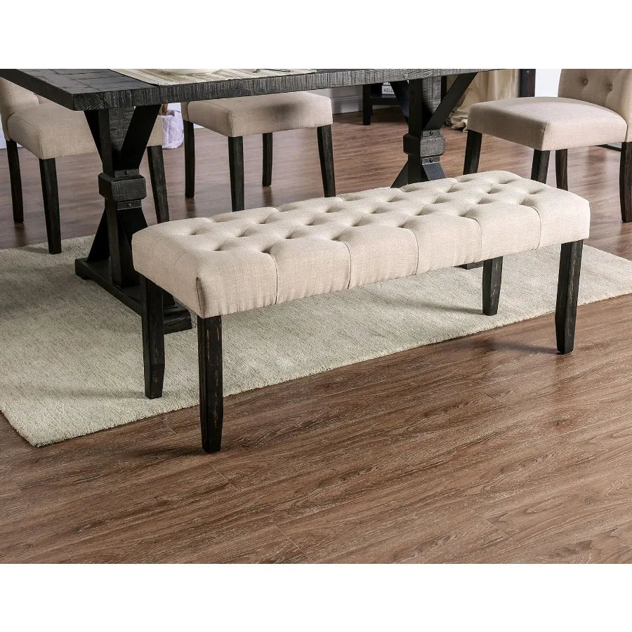 Classic Ivory 1PC BENCH Button Tufted Linen Like Fabric Solid Wood Chair