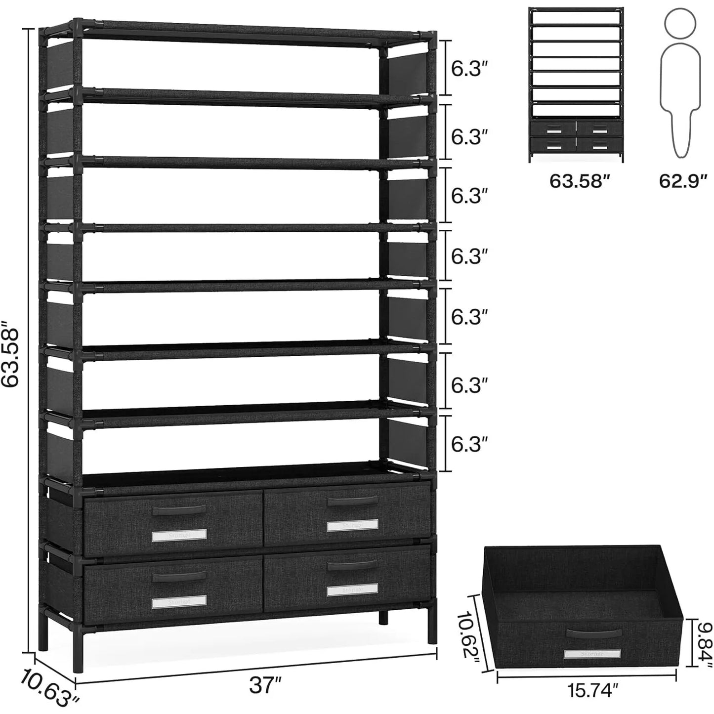 Bookshelf with 4 Bins Drawers for Closet Entryway, Vertical Shoe Racks