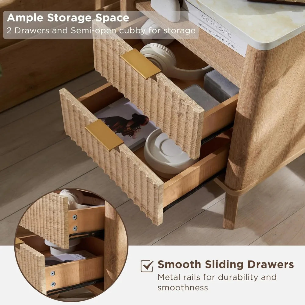 Fluted Nightstand Set of 2 with Charging Station, 18" Modern Side Table