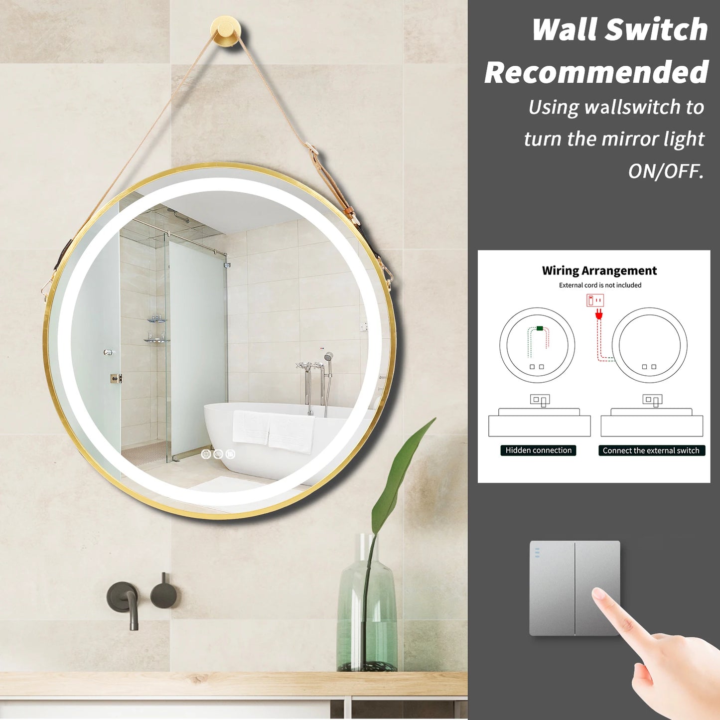 Dimmable, Hanging, Round LED Illuminated Bathroom Mirror