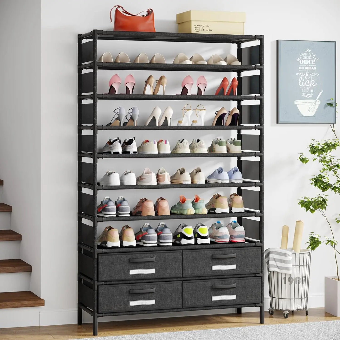 Bookshelf with 4 Bins Drawers for Closet Entryway, Vertical Shoe Racks