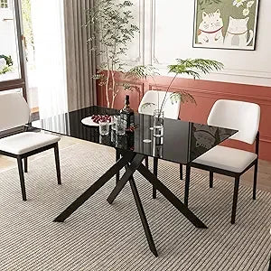 51.18" Rectangular Glass Dining Table, Tempered Glass with Metal Legs