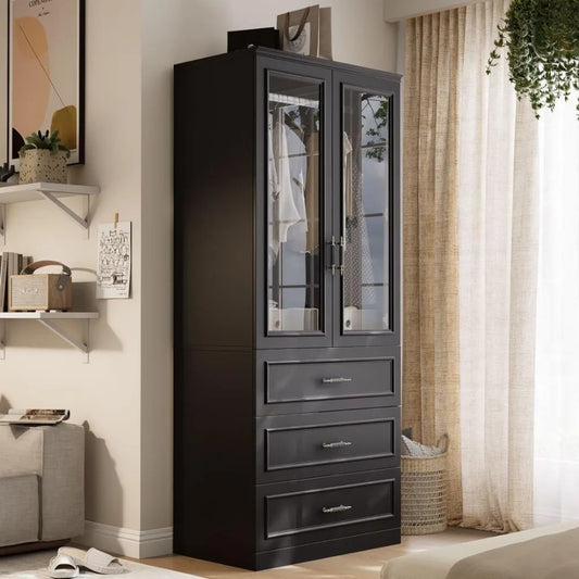 Armoire Wardrobe Closet with 2 Door & 3 Drawers, 74.8" Large Wardrobe Cabinet