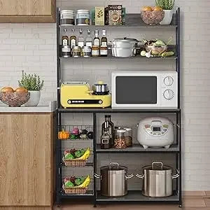 Kitchen Bakers Rack with Baskets, 5-Tier Kitchen Utility Storage Shelf