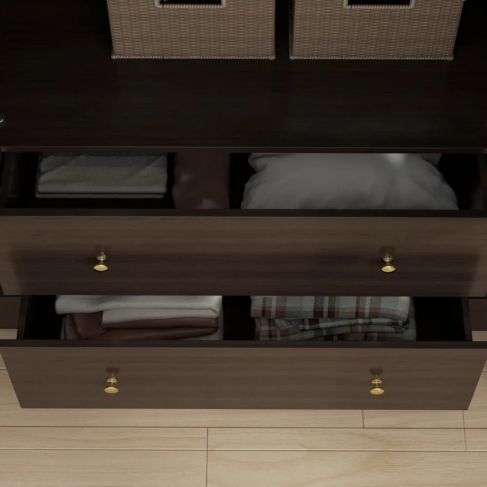 Dark Brown Wardrobe Armoire with Mirror, 5-Tier Shelves, 2 Drawers, 2 Hanging Rods and 4 Doors