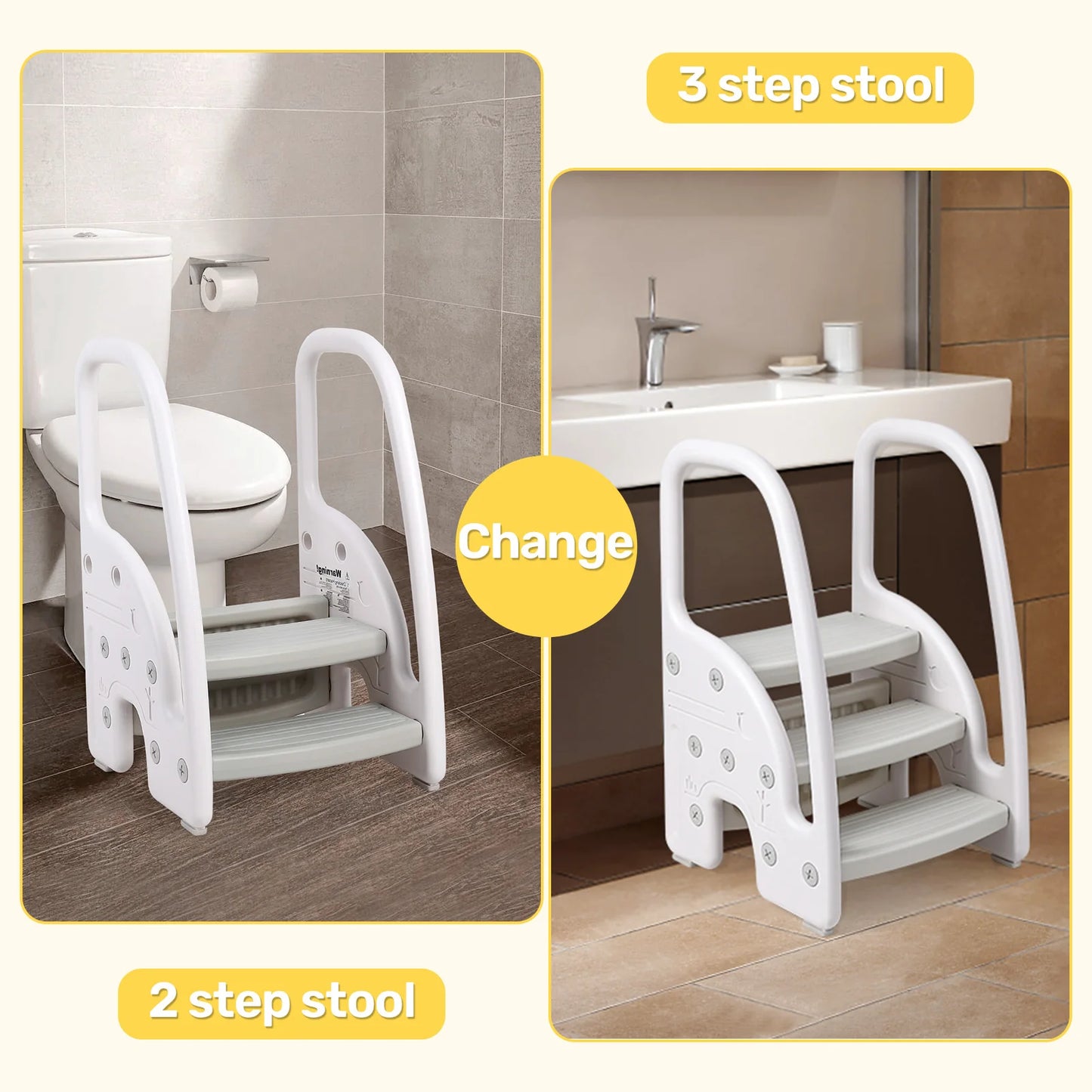 Toddler Step Stool, Kids Step Stool with Handles Sides, Plastic 3 Step Stool