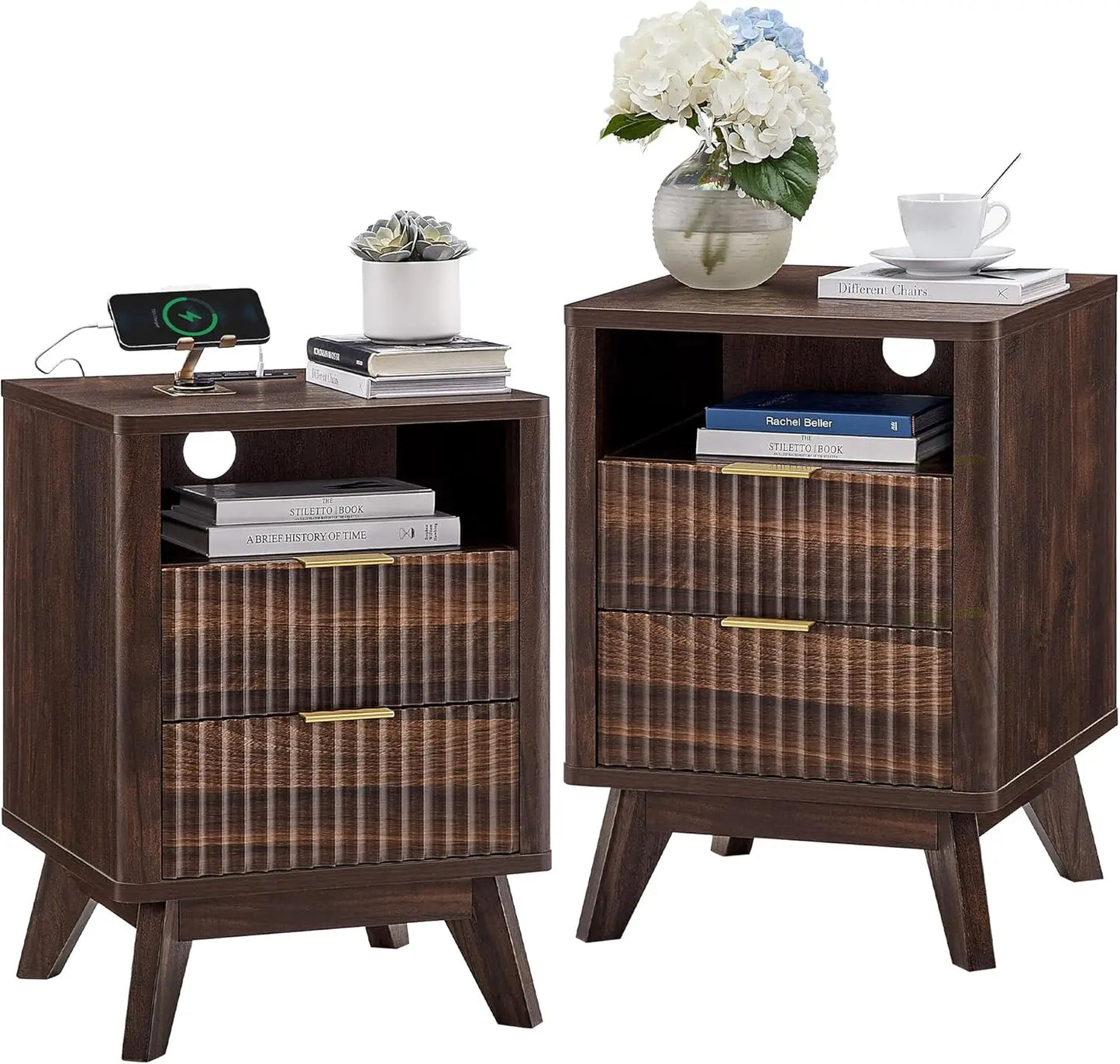 Fluted Nightstand Set of 2 with Charging Station, 18" Modern Side Table