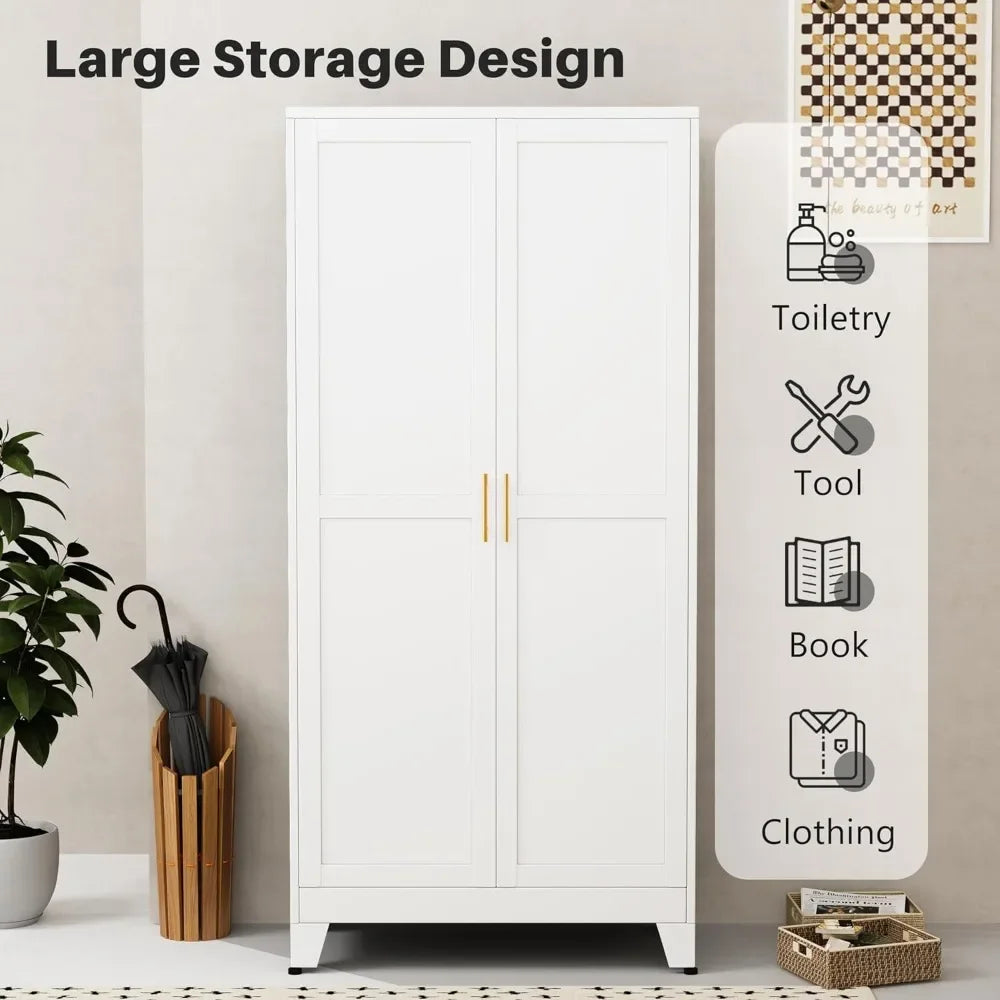 Wardrobe Closet with 2 Doors, 71" Tall Metal Clothing Storage Cabinet with Hanging Rod