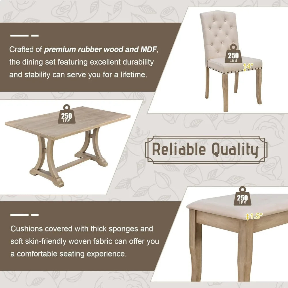 Set of 6, Farmhouse Dining Table with Chairs and Bench