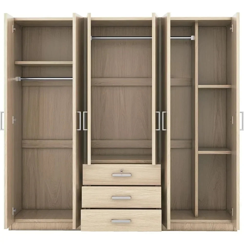 Large Wardrobe Closet 6 Doors, Wooden Wardrobe Cabinet with Big Drawers