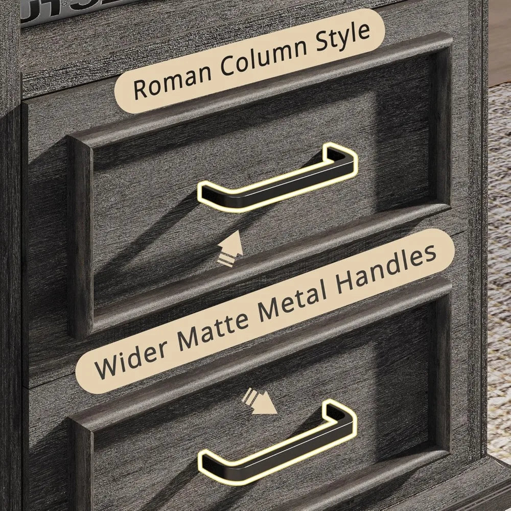 Farmhouse bedside table with storage drawers and open shelves