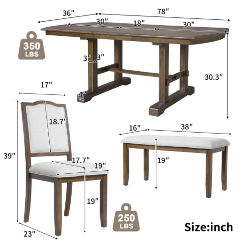 6-Piece Wood Dining Table Set, Extendable with Removable Leaf