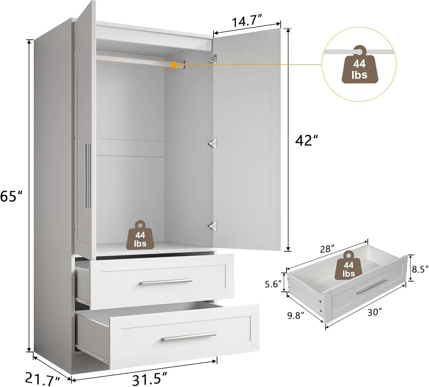 Armoire Wardrobe Closet with 2 Drawers, Modern Wooden Bedroom Armoire with Doors
